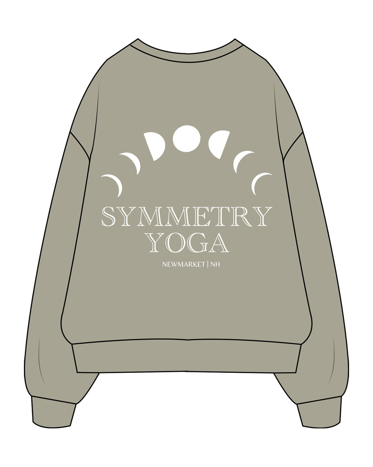 The Womens Heavyweight Crewneck - Eucalyptus - Symmetry Yoga - Left Chest Arc - Back Center Stacked - Printed - White