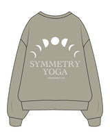 The Womens Heavyweight Crewneck - Eucalyptus - Symmetry Yoga - Left Chest Arc - Back Center Stacked - Printed - White