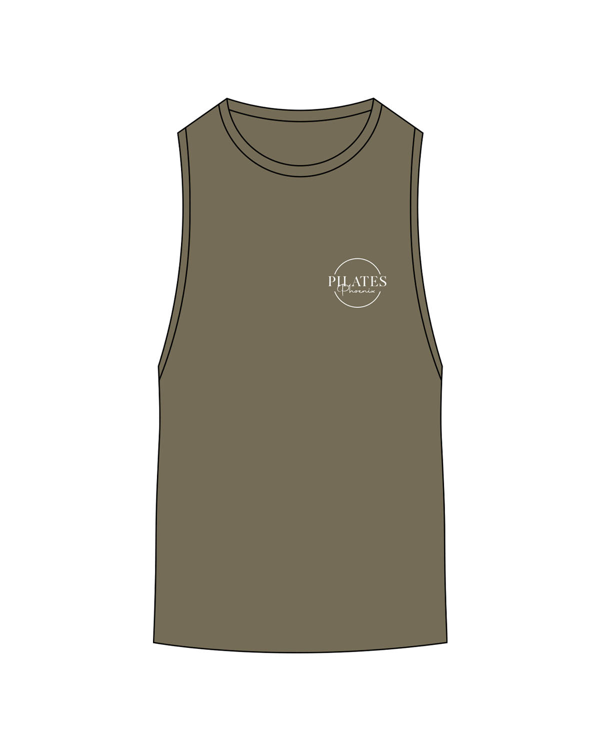 The Scoop Muscle Tank - Olive Heather - Pilates Phoenix - Left Chest Logo - Printed - White