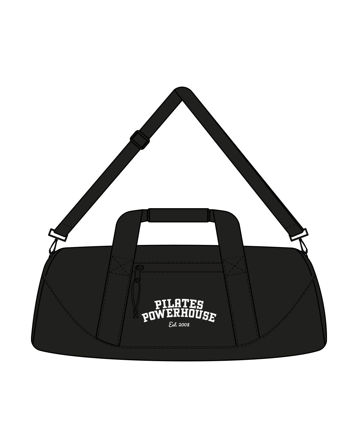 The Gym Duffel - Black - Pilates Powerhouse - Center Body Arc Stacked - Printed - White