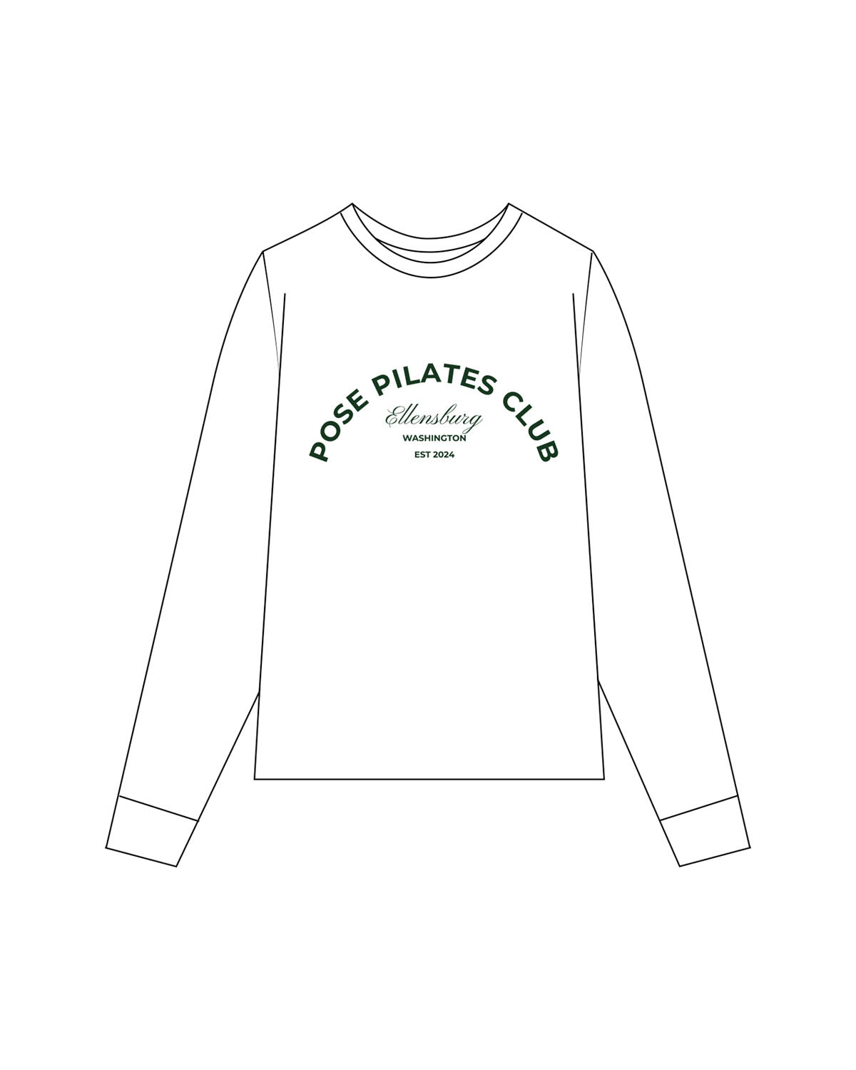 The MIDWEIGHT UNISEX Long Sleeve - White - POSE PILATES - Center Chest - Printed - Green