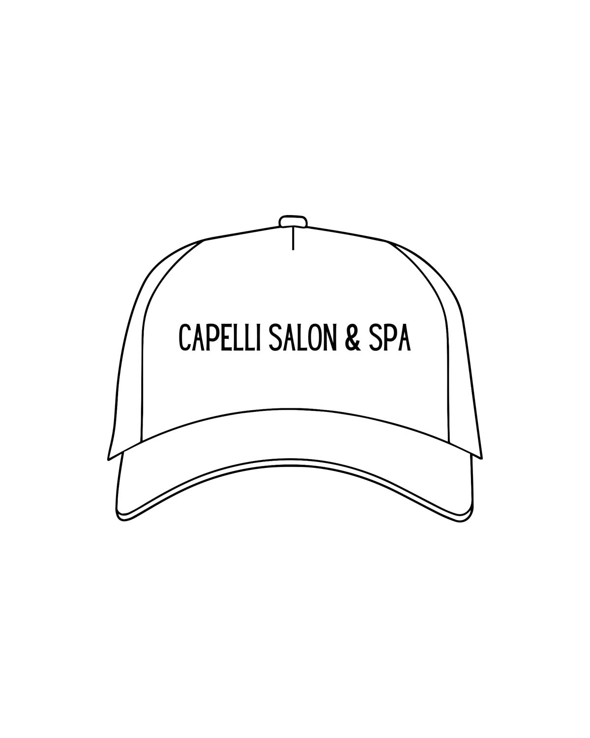 The 5 Panel Trucker Hat - White - Capelli Salon & Spa - Full Text - Center Crown - Embroidered - Black