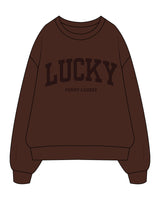 The Mens Crewneck - Chestnut - Lucky Penny - Center Chest Arc Stacked - Printed - Tone on Tone