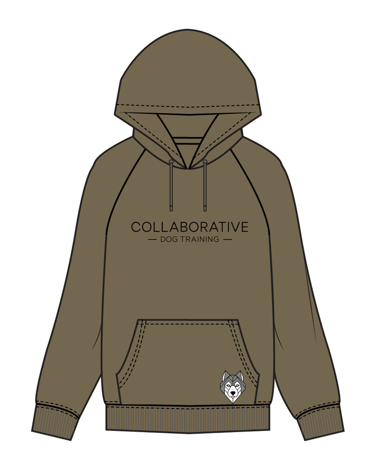 The Mens Classic Hoodie - Army - Collaborative Dog - Center Chest Stacked & Front Pocket - Full Color
