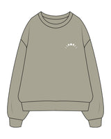 The Womens Heavyweight Crewneck - Eucalyptus - Symmetry Yoga - Left Chest Arc - Back Center Stacked - Printed - White