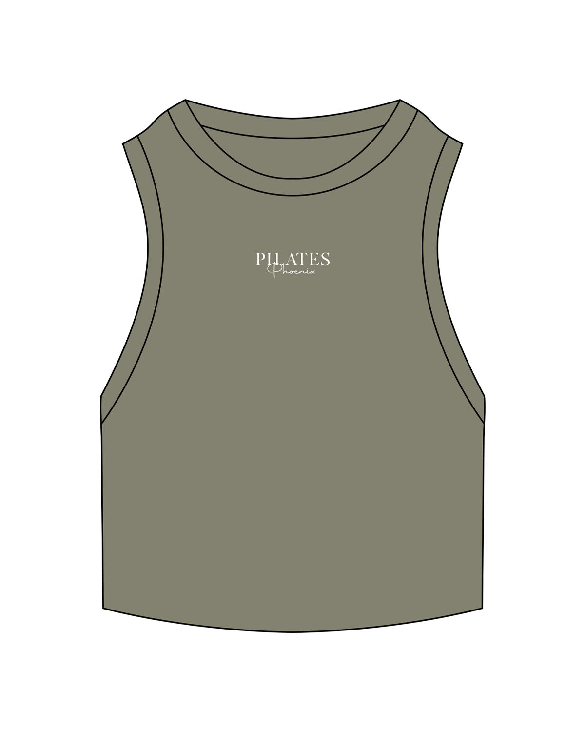 The Ribbed Crop Tank - Eucalyptus - Pilates Phoenix - Center Chest Stacked - Embroidered - White