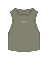The Ribbed Crop Tank - Eucalyptus - Pilates Phoenix - Center Chest Stacked - Embroidered - White