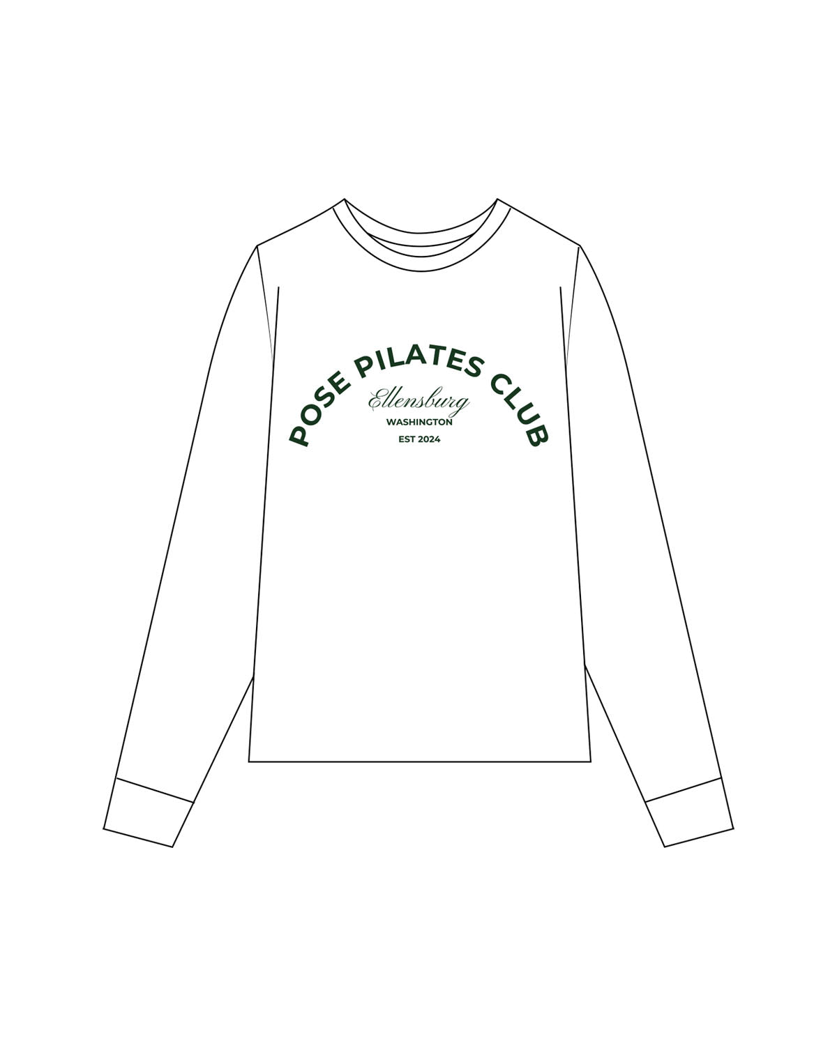 The Womens Long Sleeve - White - POSE PILATES - Center Chest - Printed - Green
