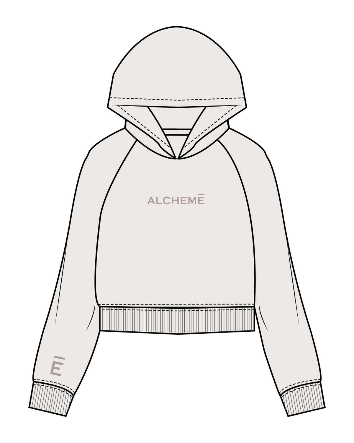 The Womens Crop Hoodie - Bone - ALCHEME - Center Chest & Right Sleeve E - Embroidered Chest - Printed Sleeve - Tone on Tone