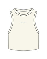 The Ribbed Crop Tank - Off White - M4Lagree - Center Chest Script - Embroidered - Light Blue