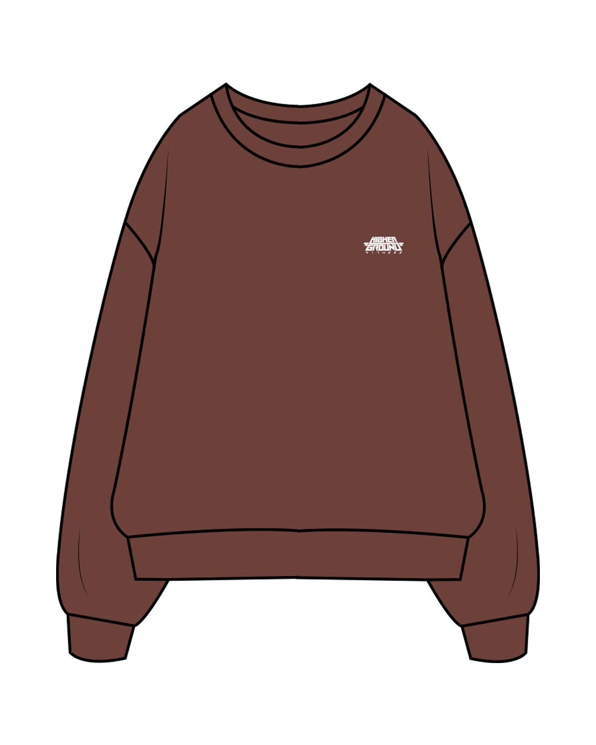 The Mens Crewneck - Chestnut - Higher Ground - Left Chest Stacked - Embroidered White