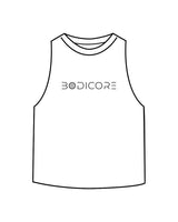 The Crop Muscle Racerback - White - Bodicore - Center Chest - Printed - Black