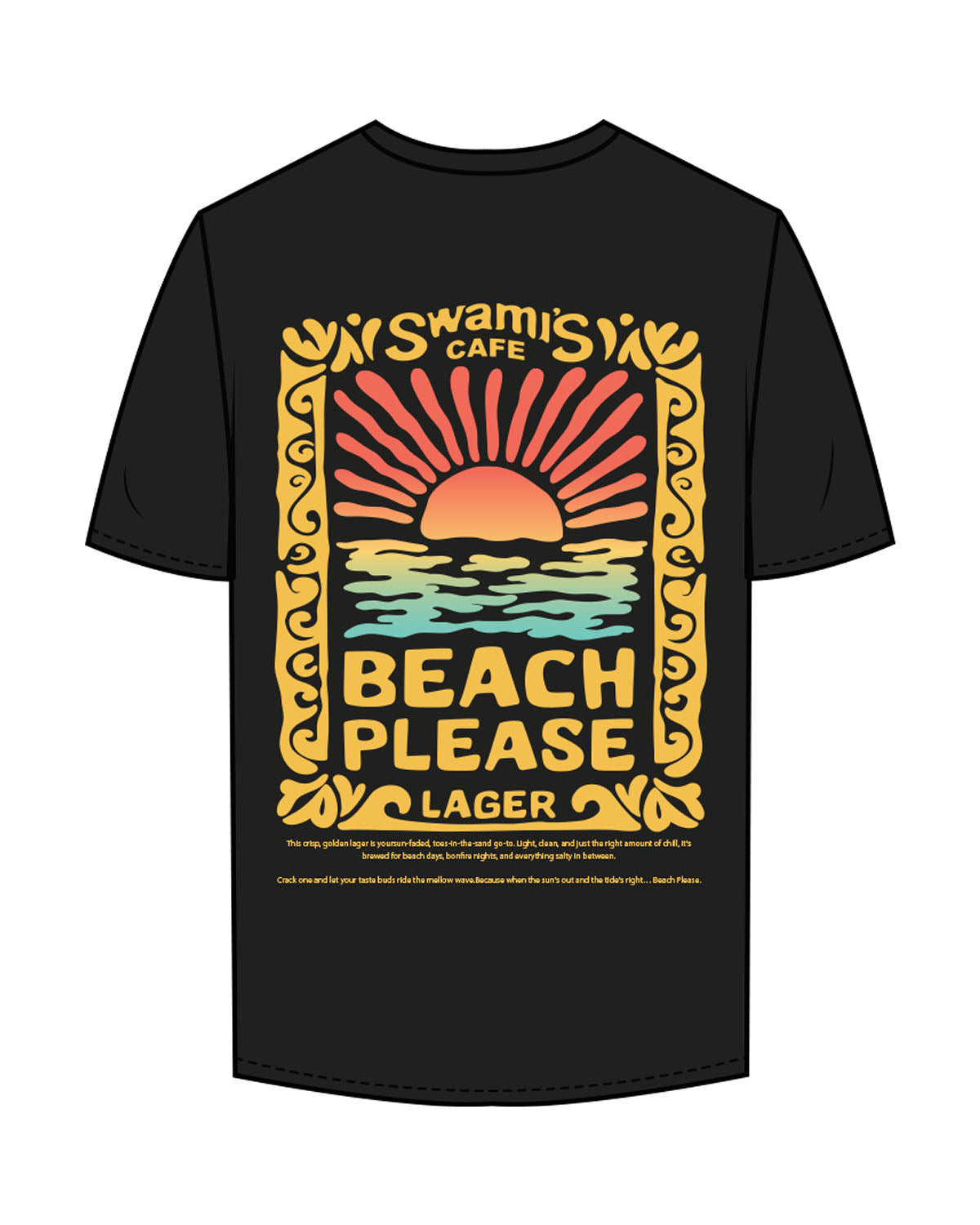 The Mens Tee - Black - Swamis Endless - Left Chest Stacked & Back "BEACH PLEASE" - Printed - Full Color