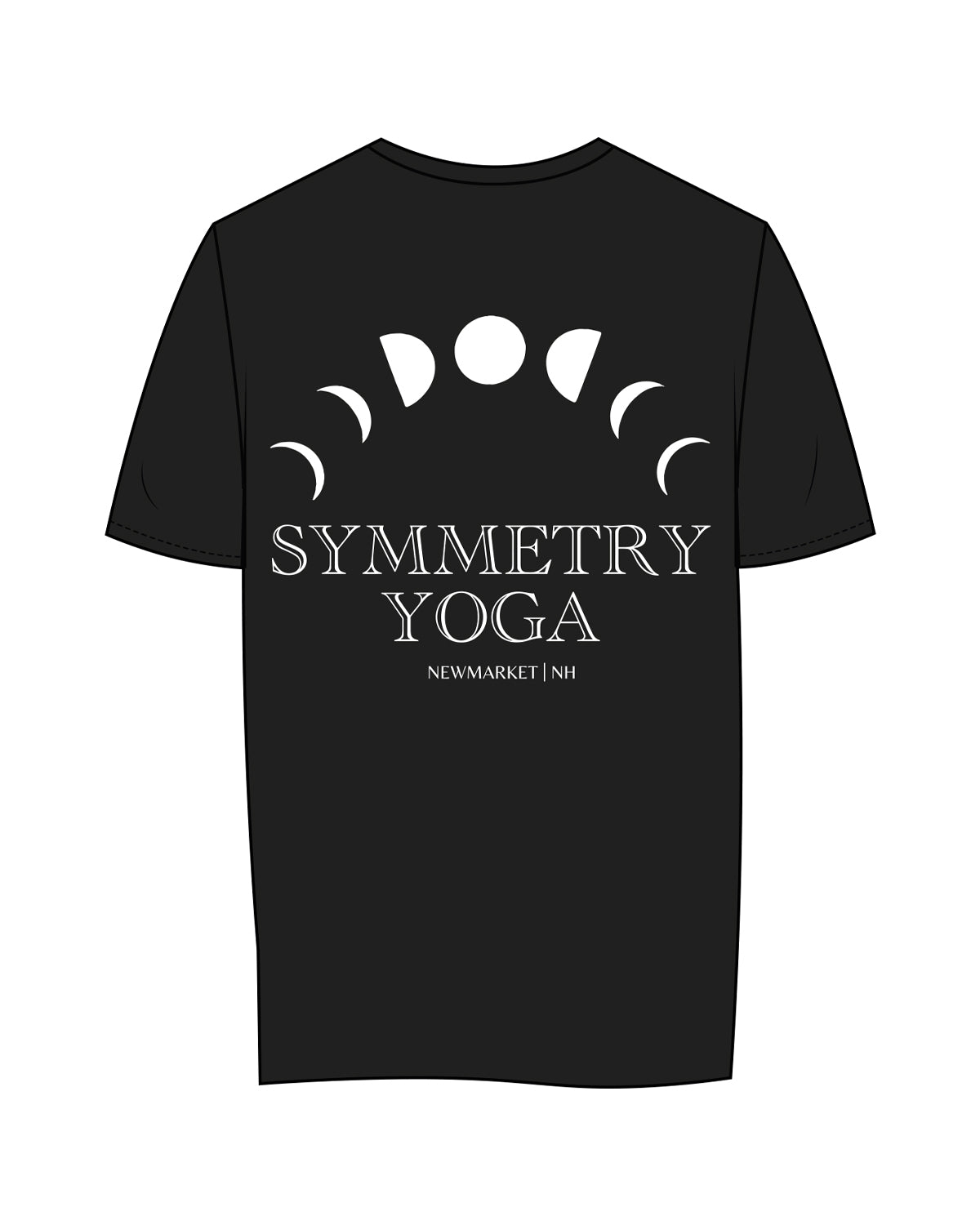 The Womens Tee - Black - Symmetry Yoga - Left Chest & Back Center Stacked - White