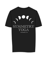 The Womens Tee - Black - Symmetry Yoga - Left Chest & Back Center Stacked - White