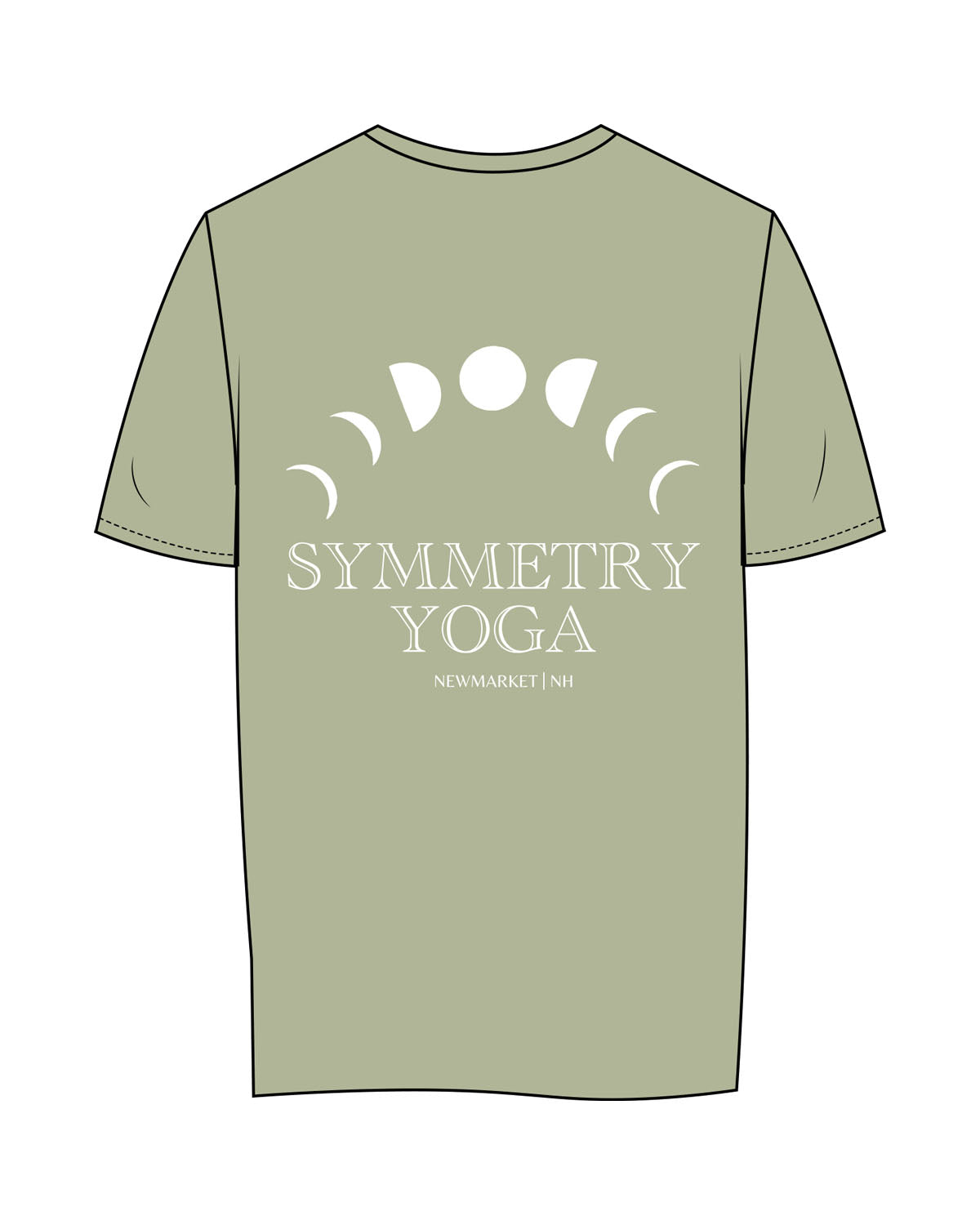 The Womens Tee - Pistachio - Symmetry Yoga - Left Chest Arc & Back Center Stacked - Printed - White