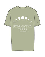 The Womens Tee - Pistachio - Symmetry Yoga - Left Chest Arc & Back Center Stacked - Printed - White