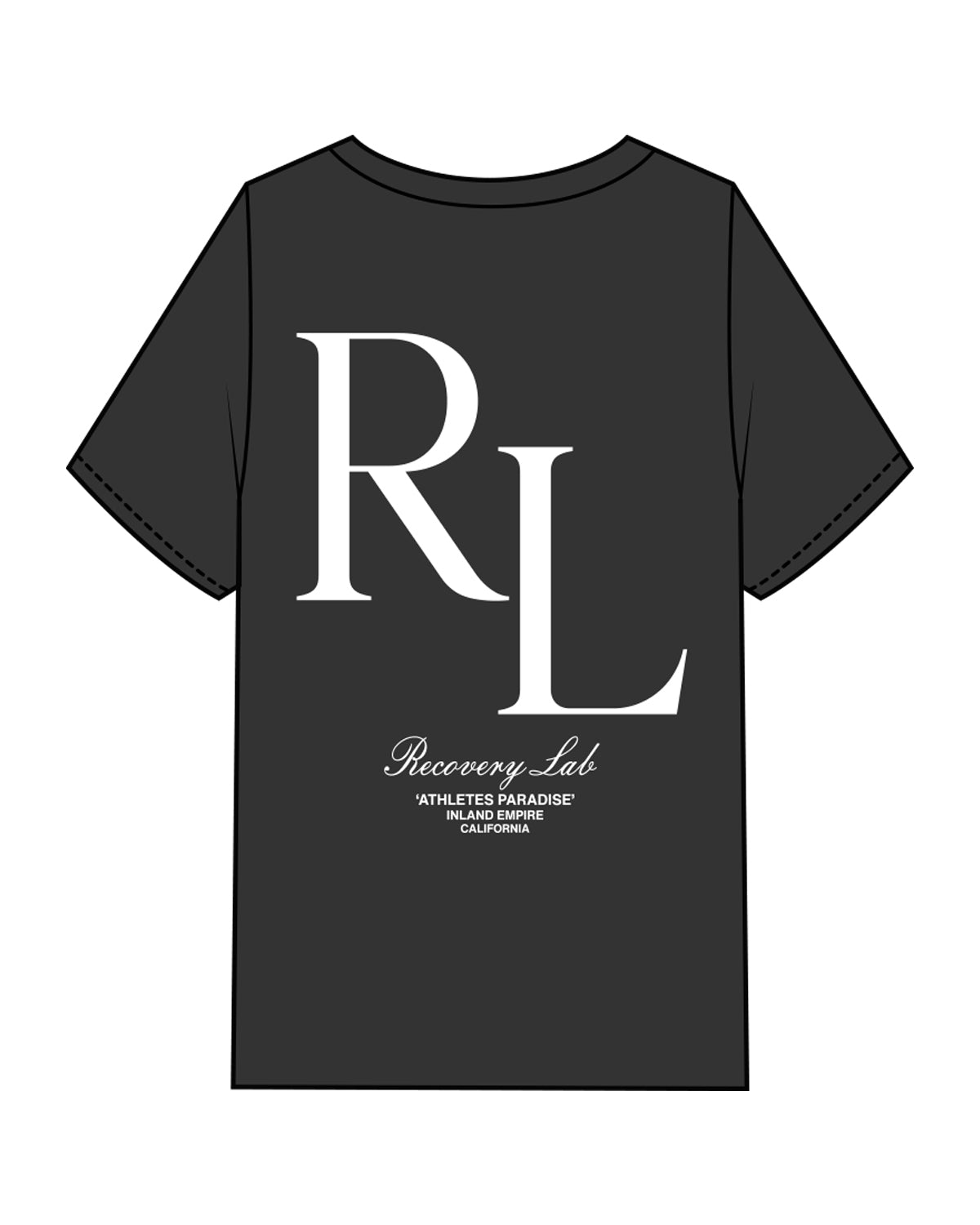 The Mens Heavyweight Tee - Washed Black - Recovery Lab - Left & Right Chest & Center Back Stacked - White