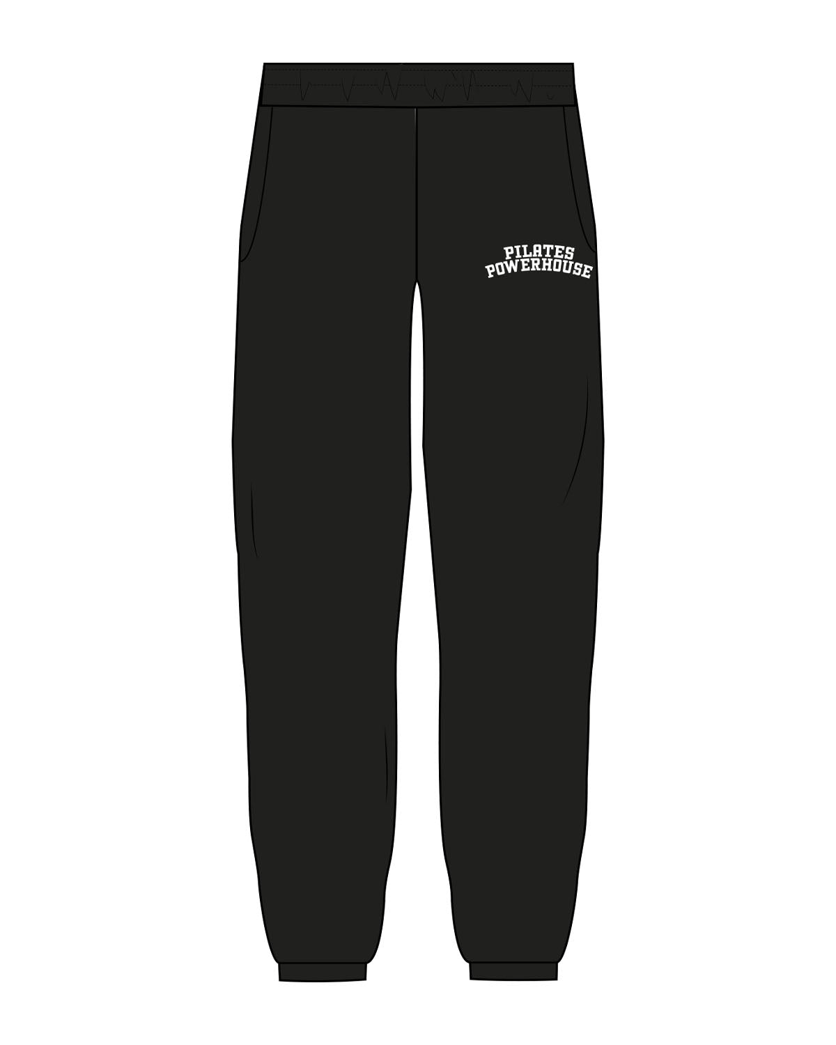 The Womens Sweatpants - Black - Pilates Powerhouse - Left Leg Arc Stacked - Printed - White