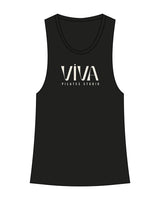 The Womens Racerback Tank - Black - Viva Pilates - Center Chest Stacked - Printed - White