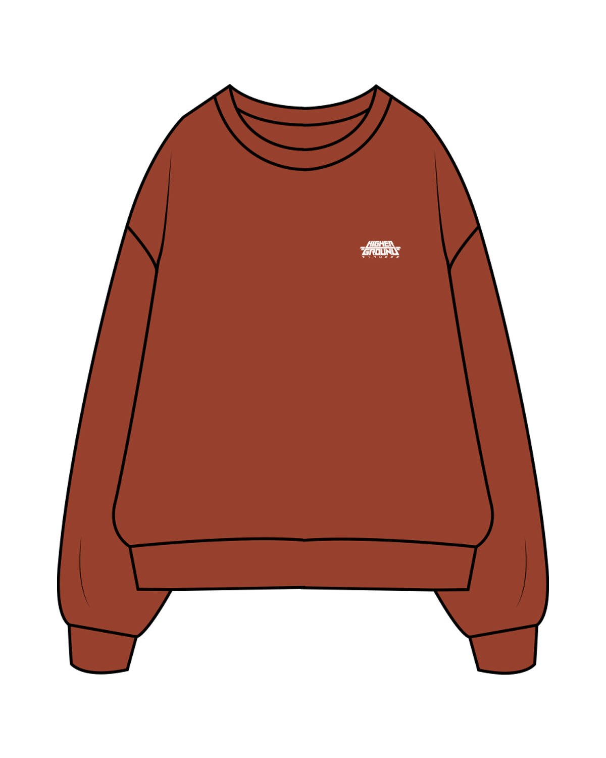 The Mens Crewneck - Cinnamon - Higher Ground - Left Chest Stacked - Embroidered White