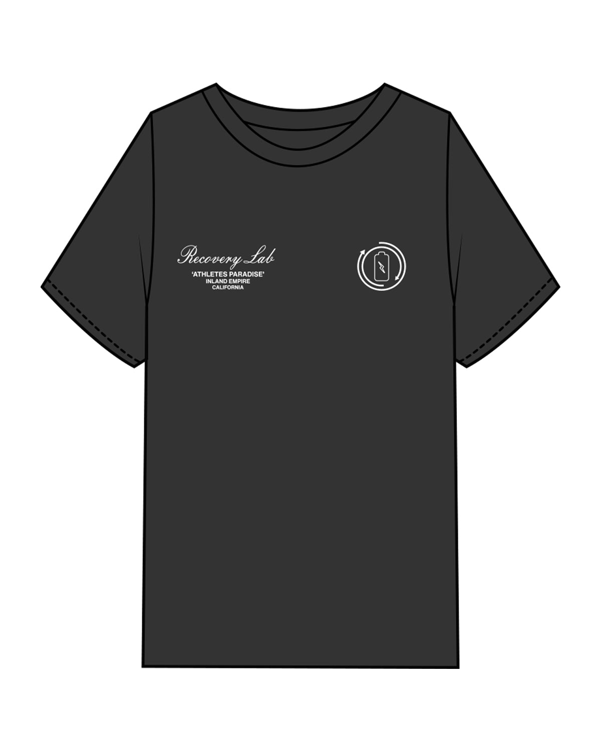 The Mens Heavyweight Tee - Washed Black - Recovery Lab - Left & Right Chest & Center Back Stacked - White