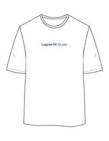 The Womens Oversized Tee - White - Lagree Fit Studio - Center Chest - Printed - Blue
