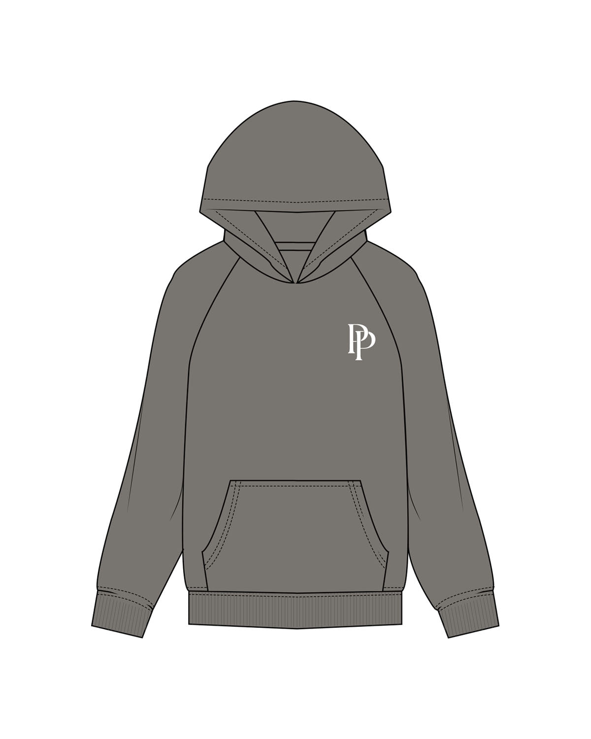 The Mens Hoodie - Washed Gray - POSE PILATES - Left Chest PP "Embroidered" & Back PPS round "Printed" - White