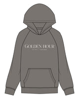 The Womens Hoodie - Washed Gray - Golden Hour Pilates - Center Chest Stacked - Printed - Off White