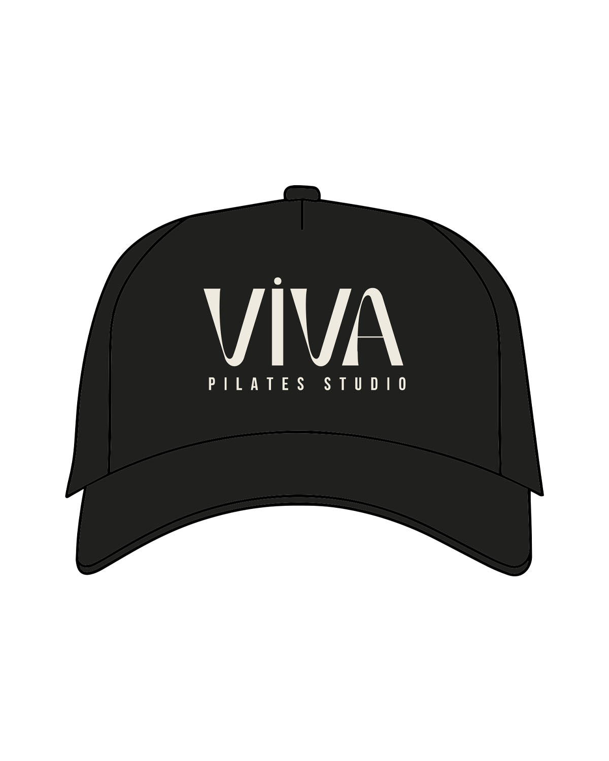 The 5 Panel Trucker Hat - Black - Viva Pilates - Center Crown Stacked - Embroidered - Off White