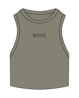 The Ribbed Crop Tank - Eucalyptus - Revolve Pilates - Center Chest "REVOLVE" - Embroidered - Tone on Tone