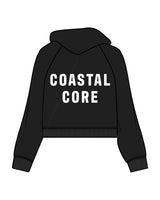 The Womens Crop Hoodie - Black - Coastal Core - Left Chest - Icon - Back Center Stacked - White