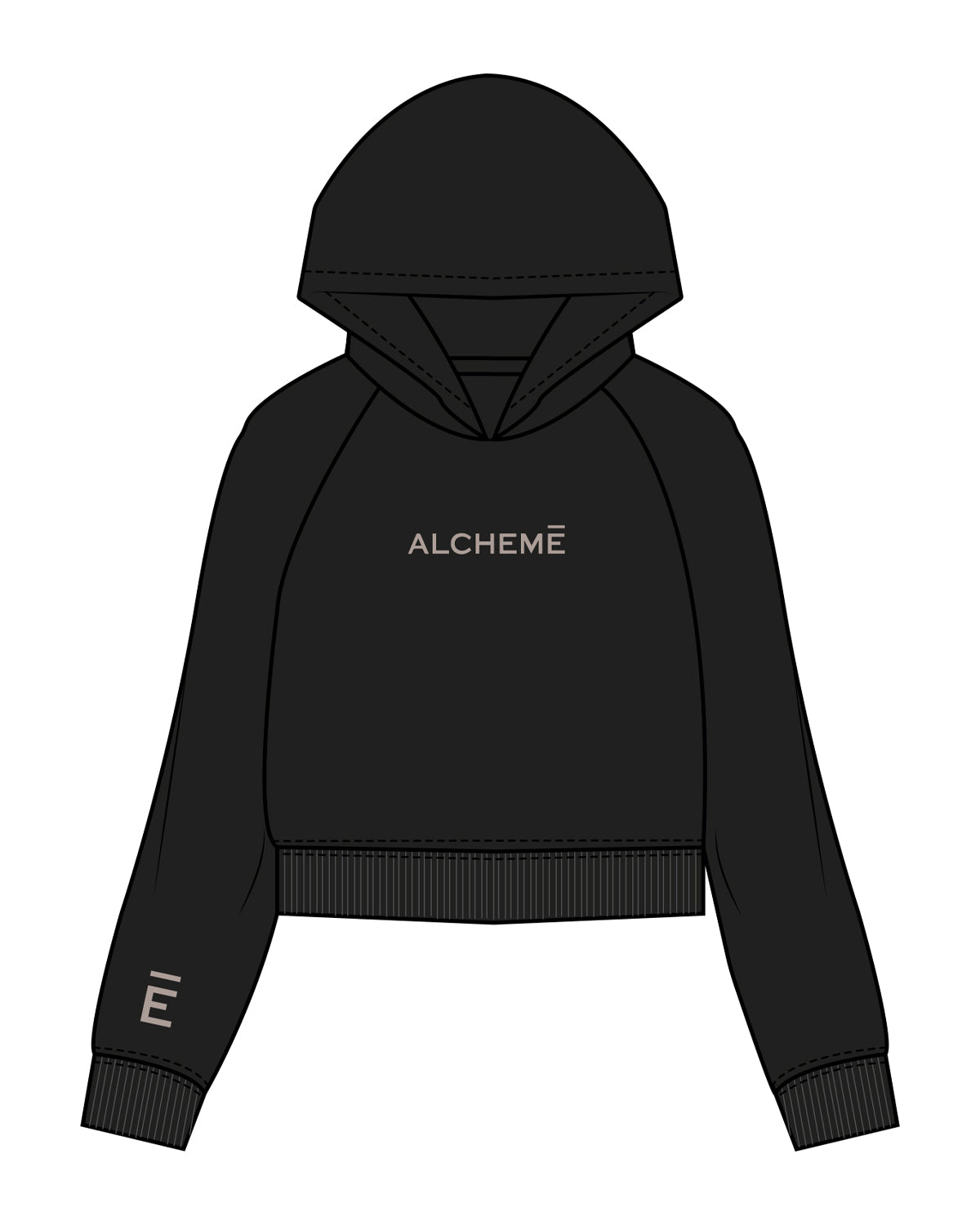 The Womens Crop Hoodie - Black - ALCHEME - Center Chest & Right Sleeve E - Embroidered  Chest - Printed Sleeve - Bone