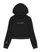 The Womens Crop Hoodie - Black - ALCHEME - Center Chest & Right Sleeve E - Embroidered  Chest - Printed Sleeve - Bone