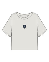 The Heavyweight Crop Tee - Washed Bone - M4Lagree - Center Chest & Center Back Stacked - Navy Blue