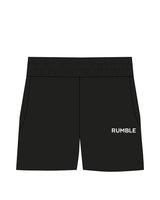 The Womens Sweat Shorts - Black - Rumble - Left Leg - Embroidered - White