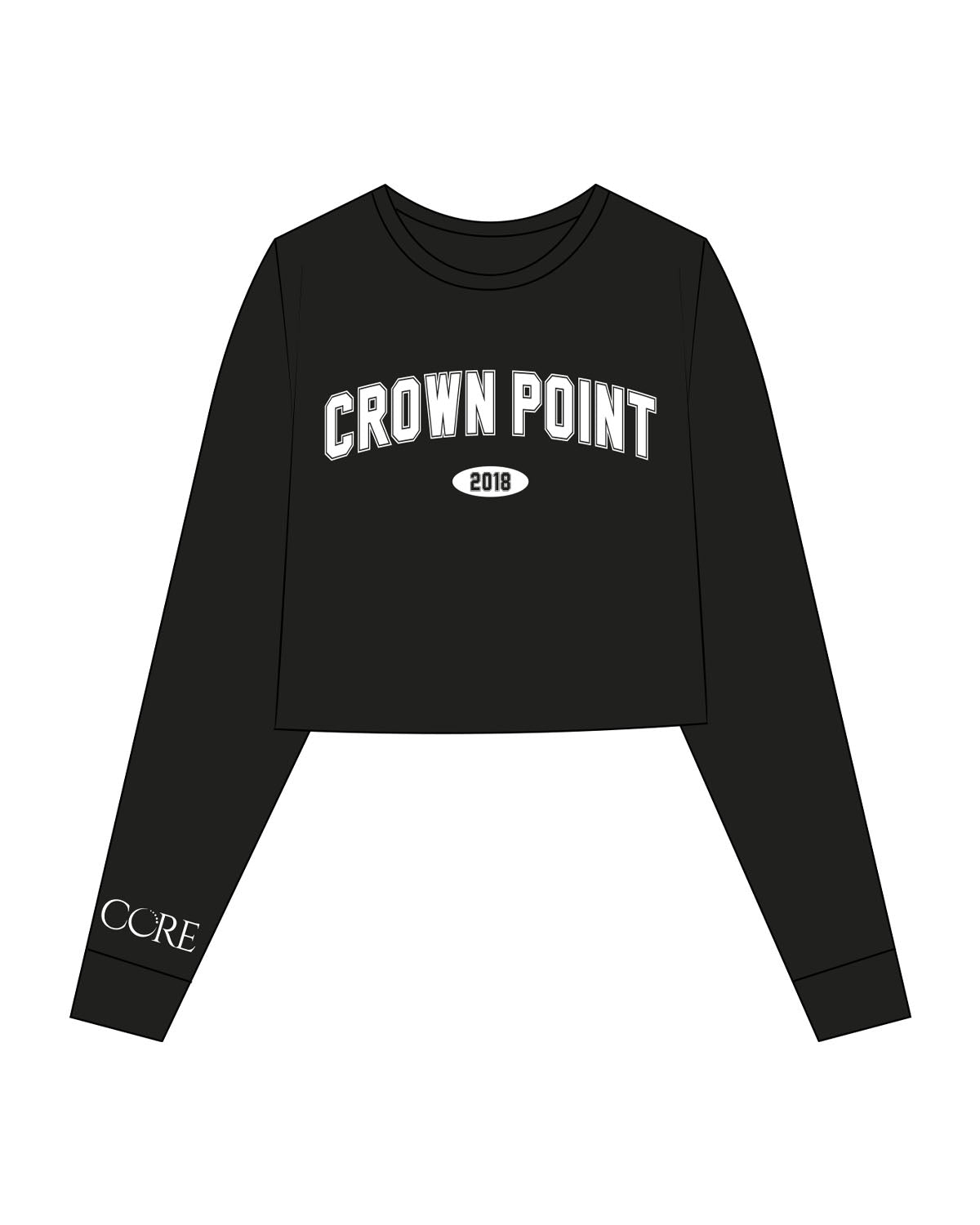 The Crop Long Sleeve - Black - Core Crown Point - Center Chest - Printed - Printed- White