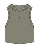 The Ribbed Crop Tank - Eucalyptus - Revolve Pilates - Center Chest "R" - Embroidered - Charcoal