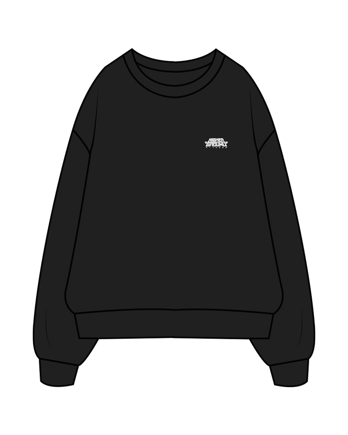 The Mens Crewneck - Black - Higher Ground - Left Chest Stacked - Embroidered White