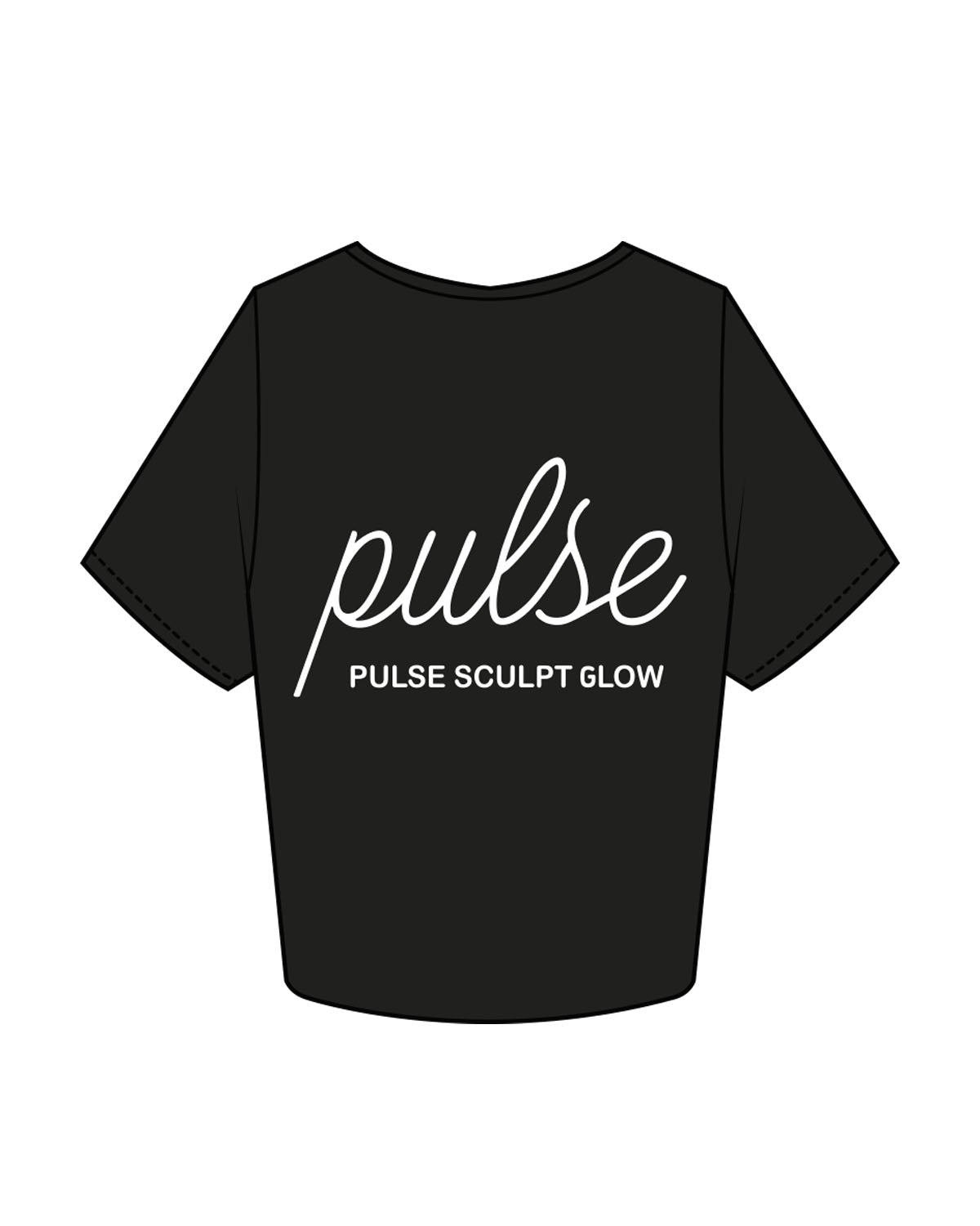 The Crop Tee - Black - Pulse Sculpt Glow - Left Chest Stacked & Center Back Stacked - Printed - White