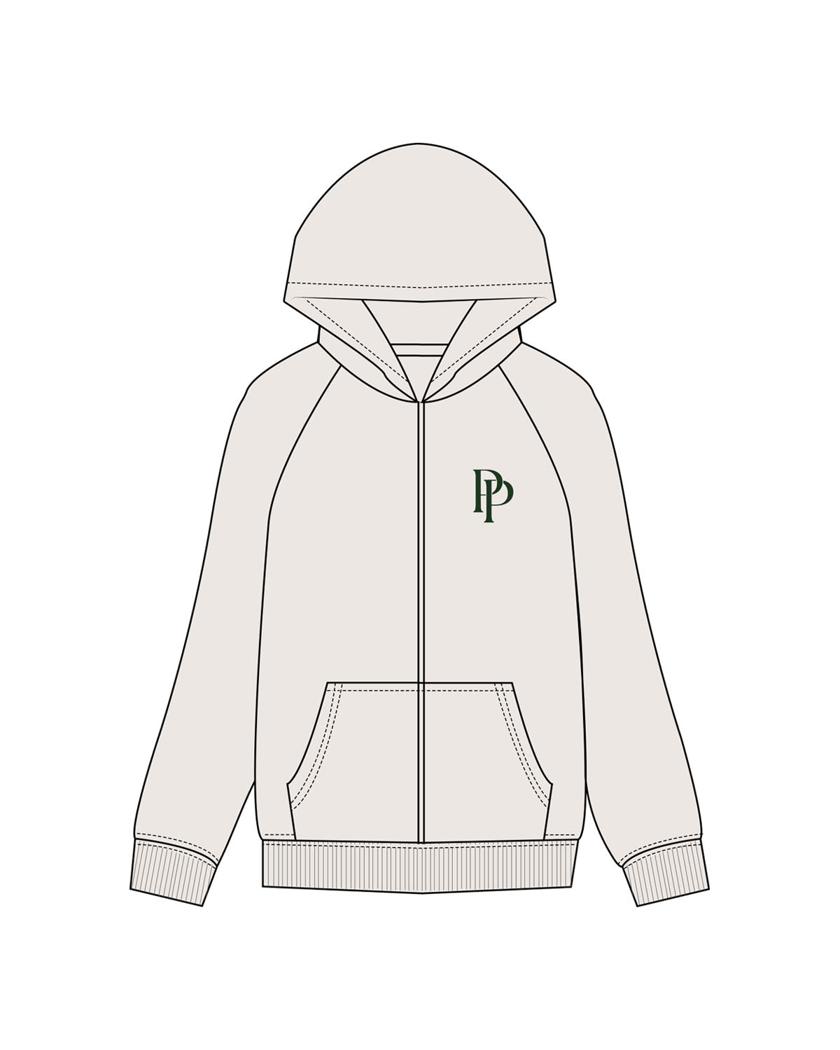 The Mens Heavyweight Zip Hoodie - Bone - POSE PILATES - Left Chest PP "Embroidered" & Back PPS round "Printed" - Green