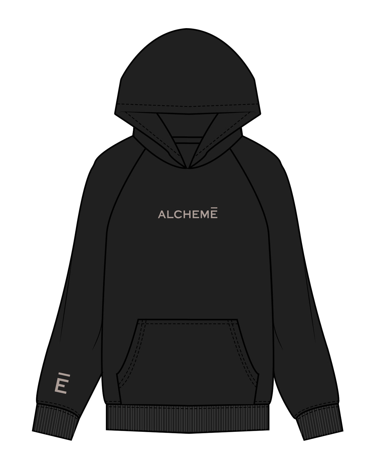 The Mens Hoodie - Black - ALCHEME - Center Chest & Right Sleeve E - Embroidered Chest - Printed Sleeve - Bone