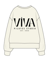 The Womens Heavyweight Crewneck - Off White - Viva Pilates - Left Chest Stacked  & Back Center Stacked - Printed - Black
