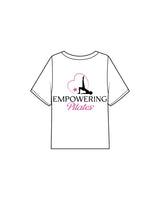 The Midweight Crop Tee - White -  Empowering Pilates - Top Left & Full back - Printed - Full Color