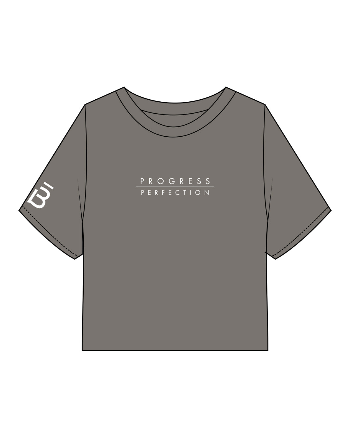 The Heavyweight Crop Tee - Washed Gray - Barre 3 - Right Sleeve Initial & Center Chest Stacked "Progress" - White