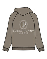 The Recycled Unisex Zip Hoodie - Army - Lucky Penny - Left Chest Stacked & Back Stacked - Printed - White