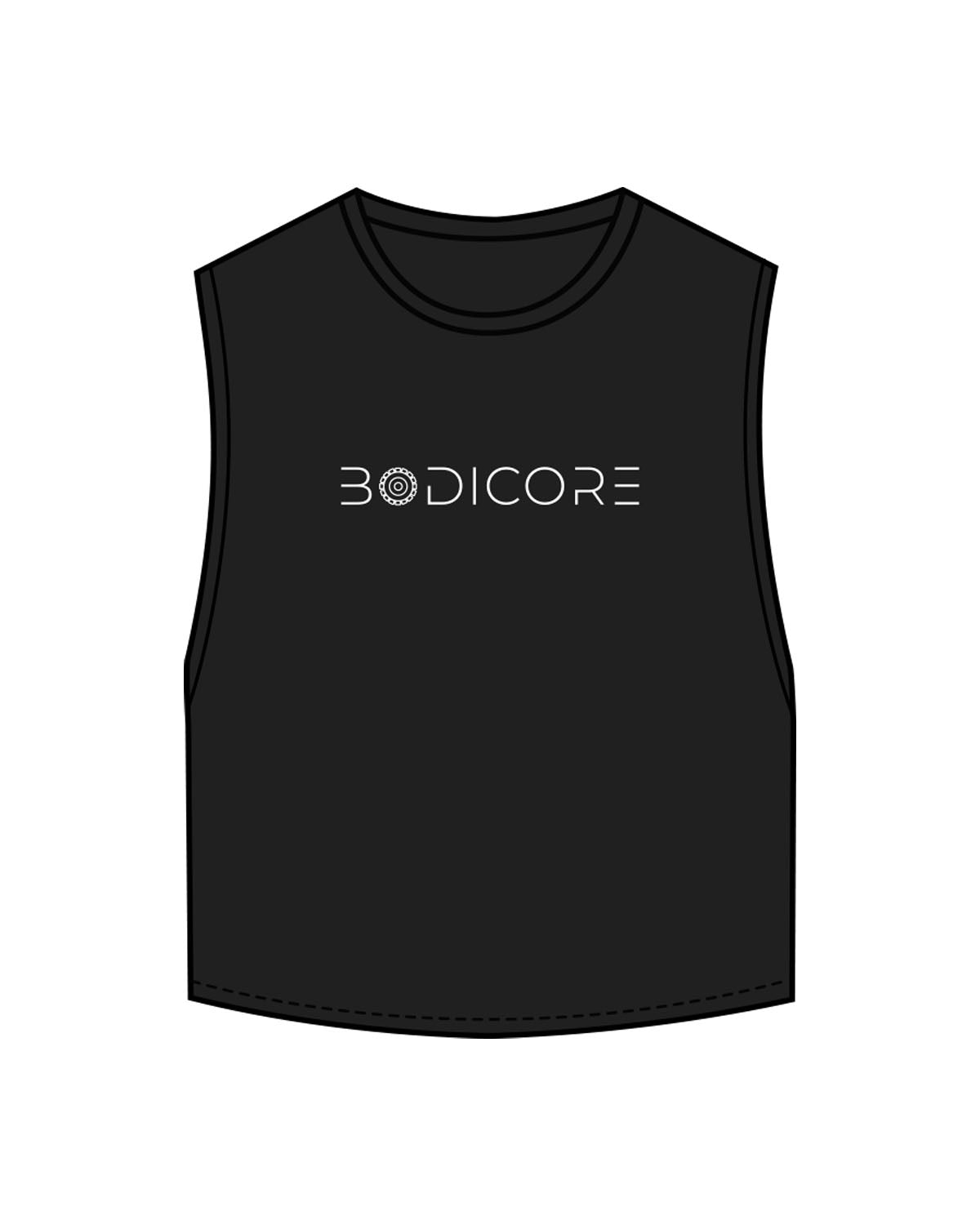 The Crop Muscle Tank - Black - Bodicore - Center Chest - Printed - White