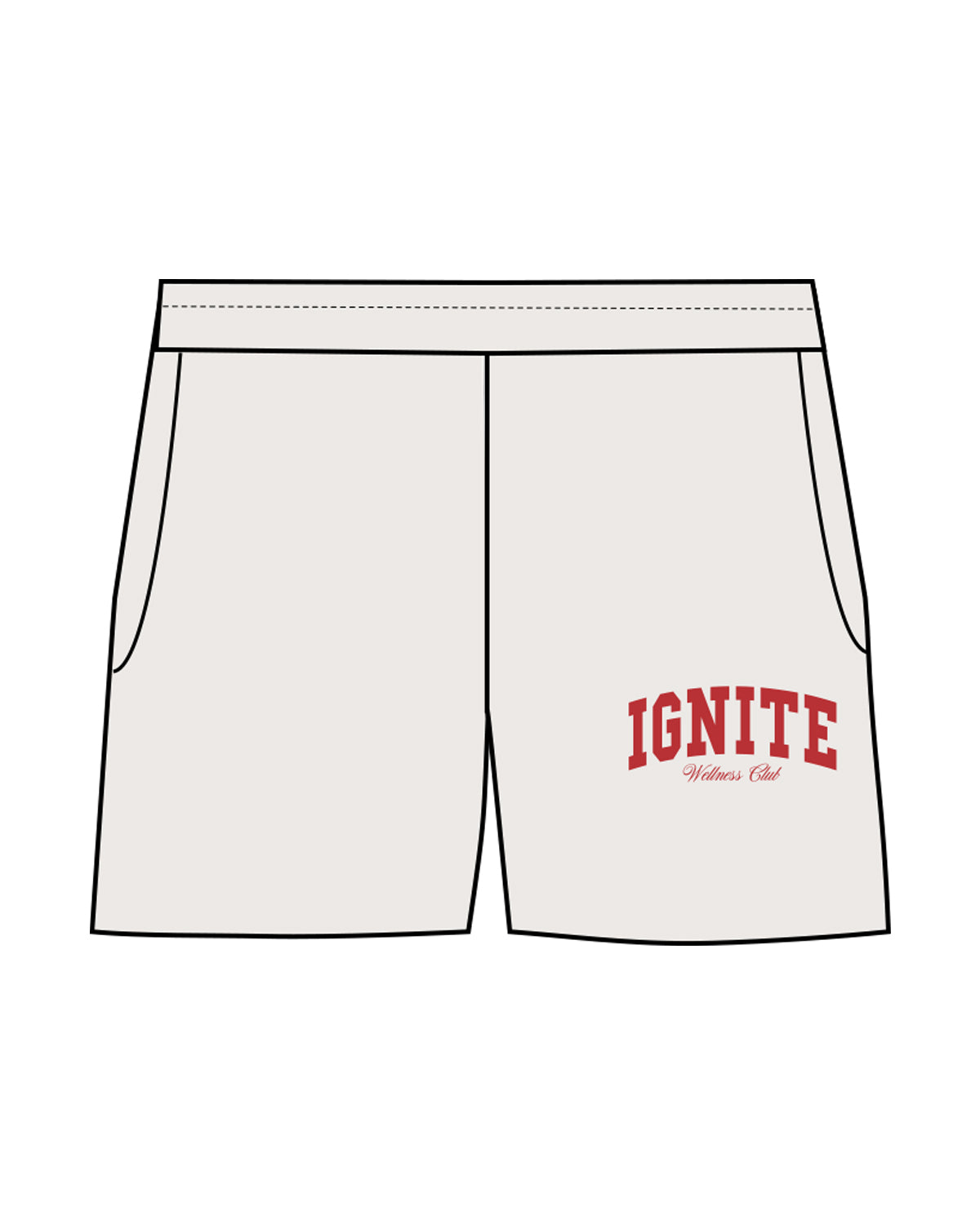 The Womens Sweat Shorts - Bone - Ignite Barre & Fitness - Left Leg Stacked - Red Printed