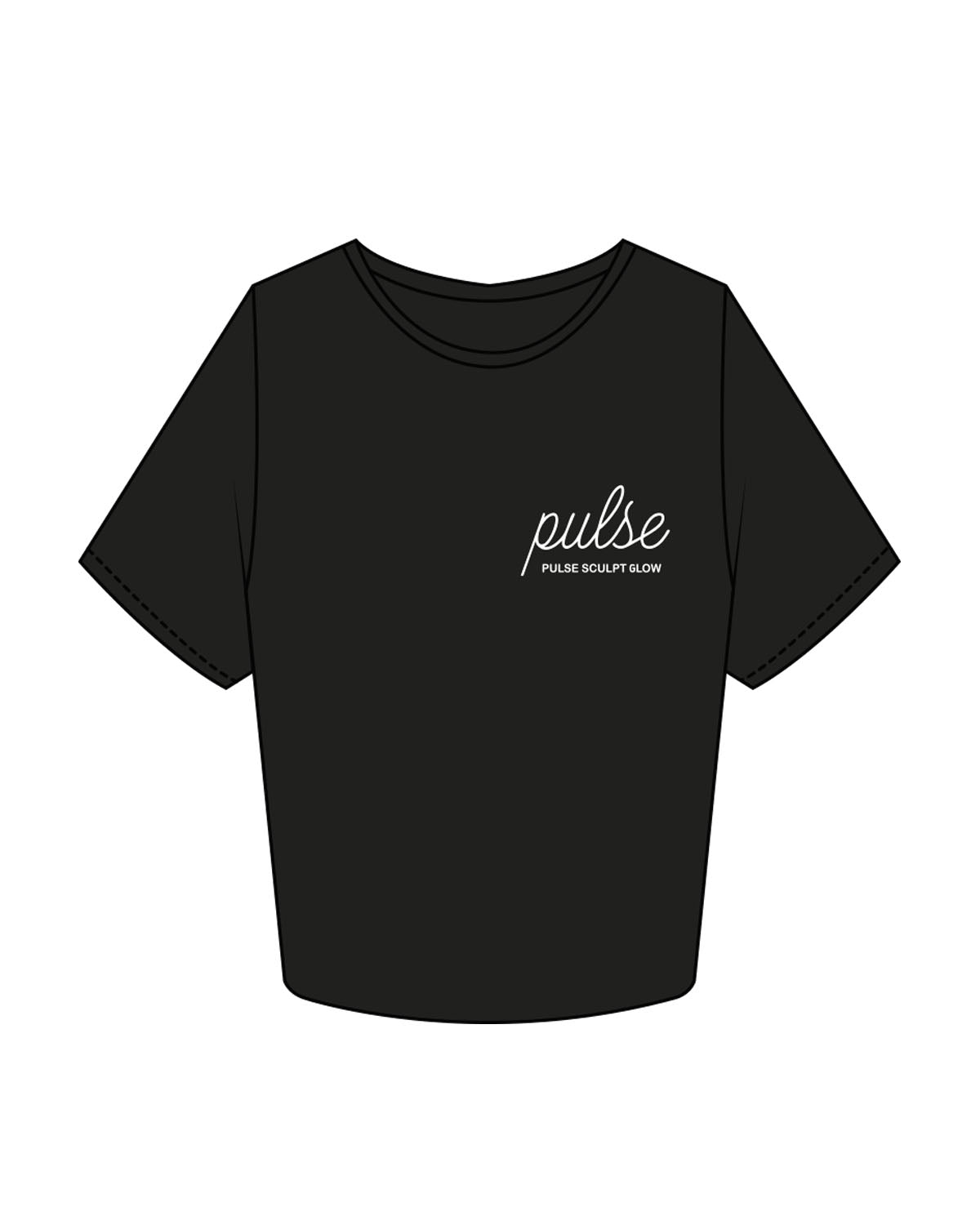 The Crop Tee - Black - Pulse Sculpt Glow - Left Chest Stacked & Center Back Stacked - Printed - White