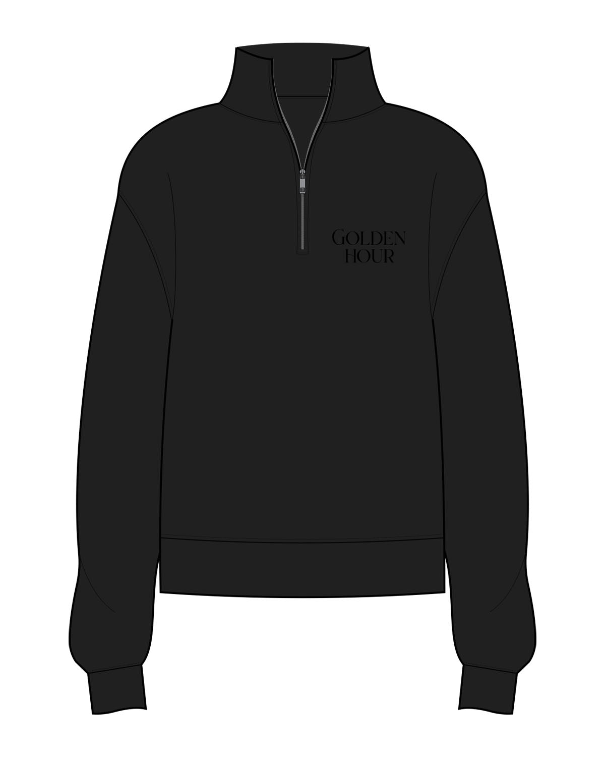 The Womens 1/4 Zip - Black - Golden Hour Pilates - Left Chest Stacked - Embroidered - Tone on Tone